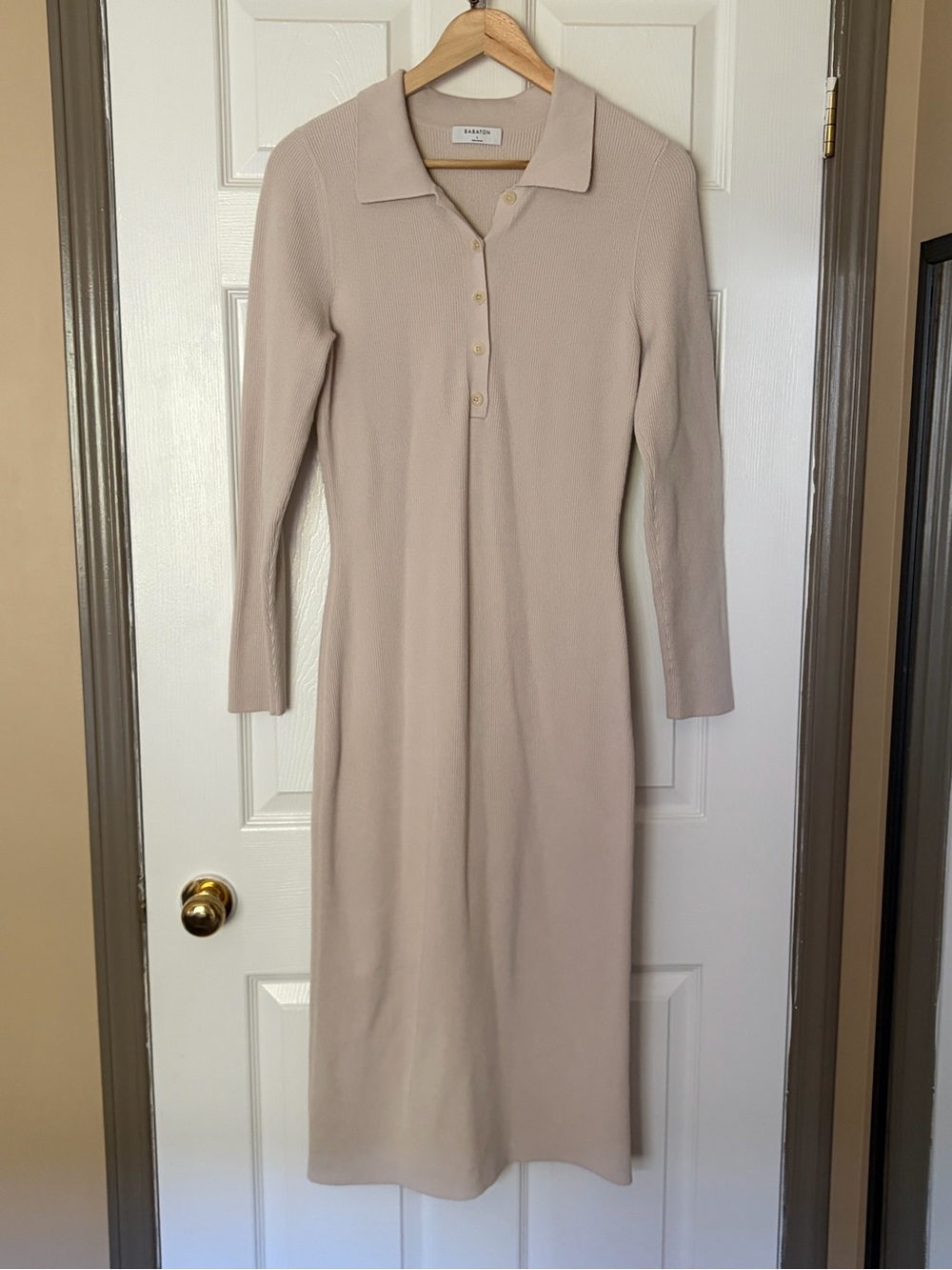 Babaton Long Polo Knit Maxi Dress in Light Beige